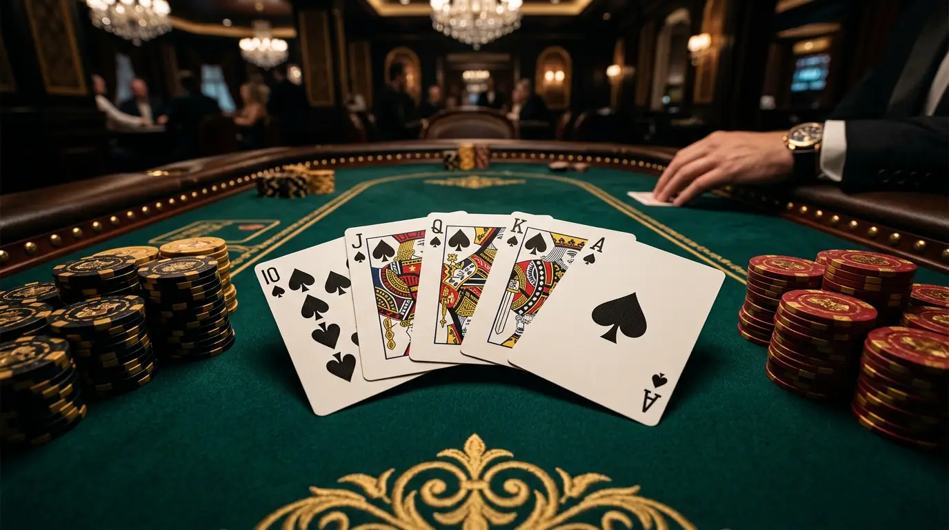 Professional Texas Hold'em poker tournament table at APS Newcastle, showing cards, chips, and a felt-top competition table